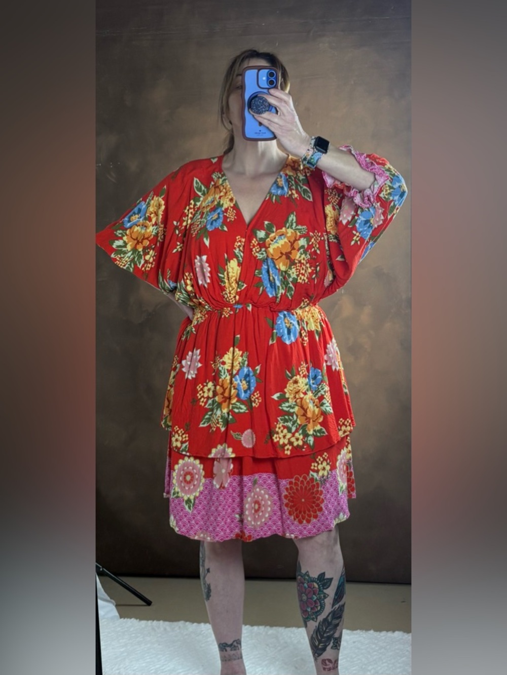 white birch Red Floral Tiered V-Neck Mini Dress with Pink Hem